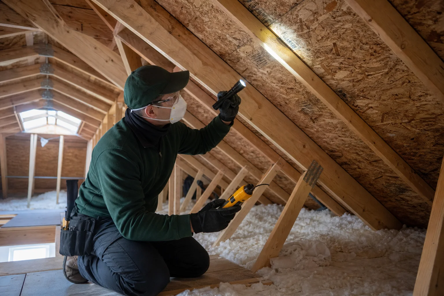 Technician inspecting attic roof sheathing for moisture