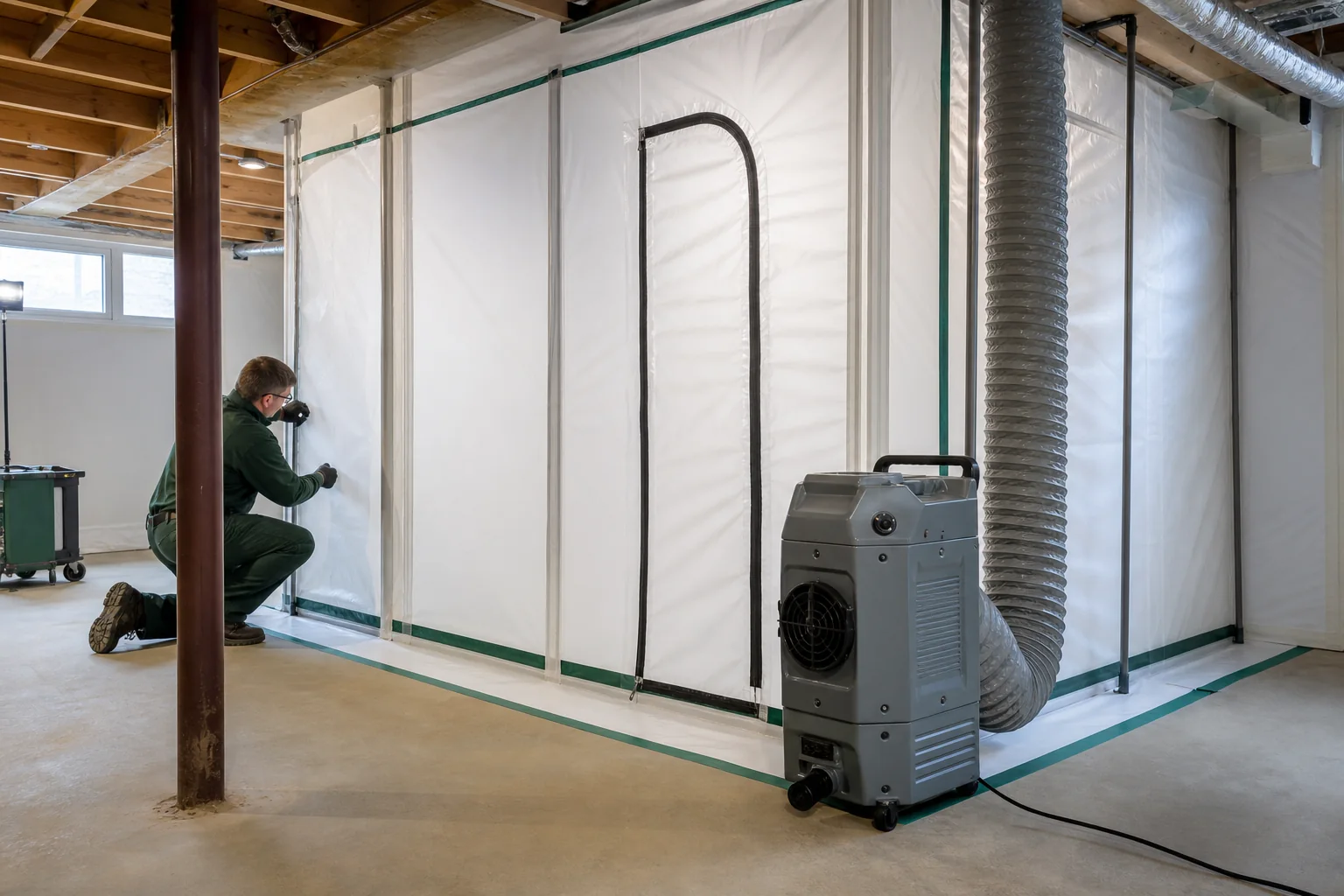 Professional containment and negative-air equipment in a basement
