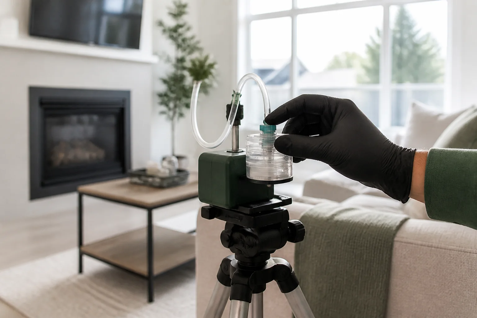 Professional indoor air sampling equipment in a clean living room