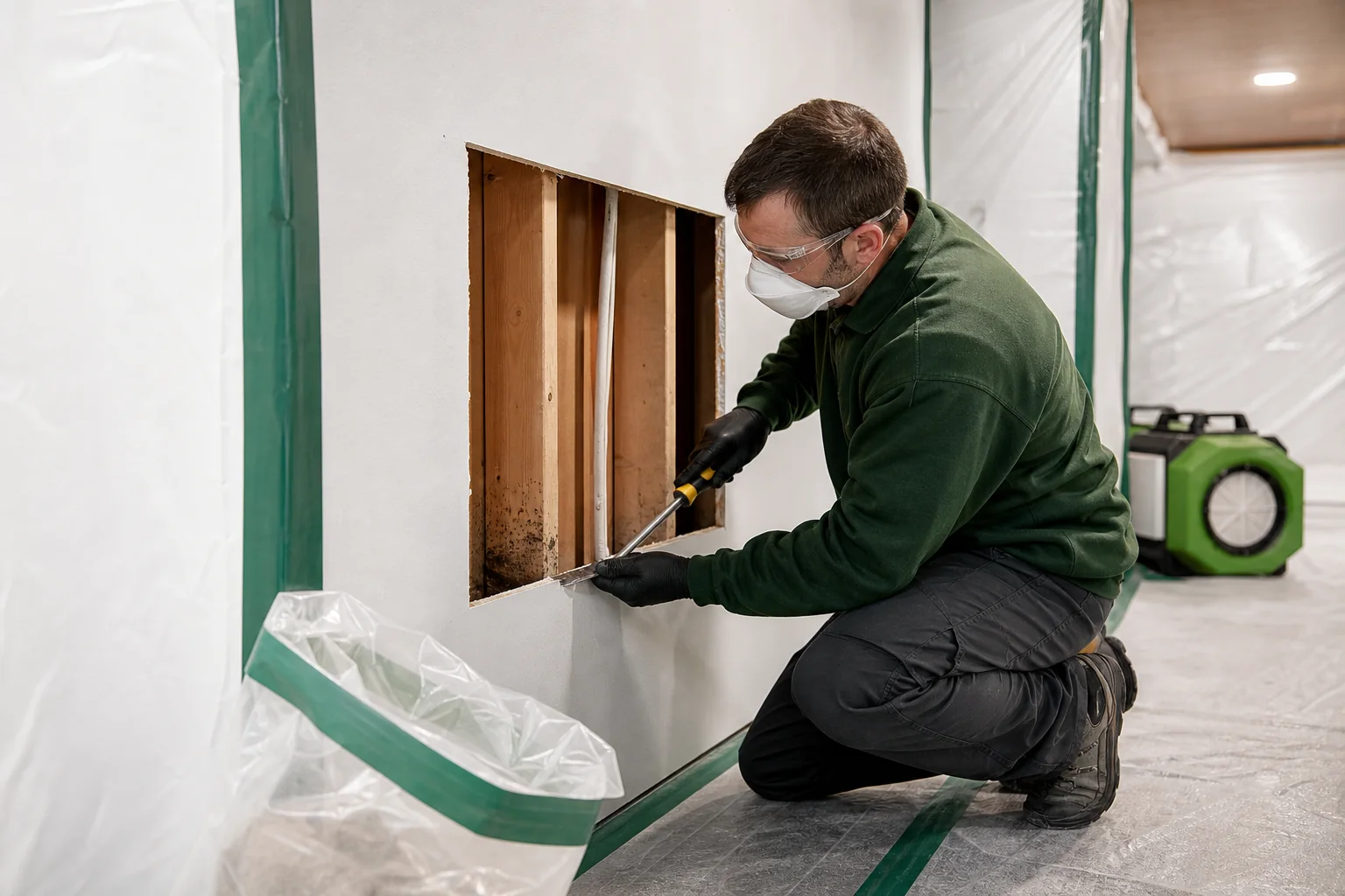 Technician carefully removing affected drywall inside containment