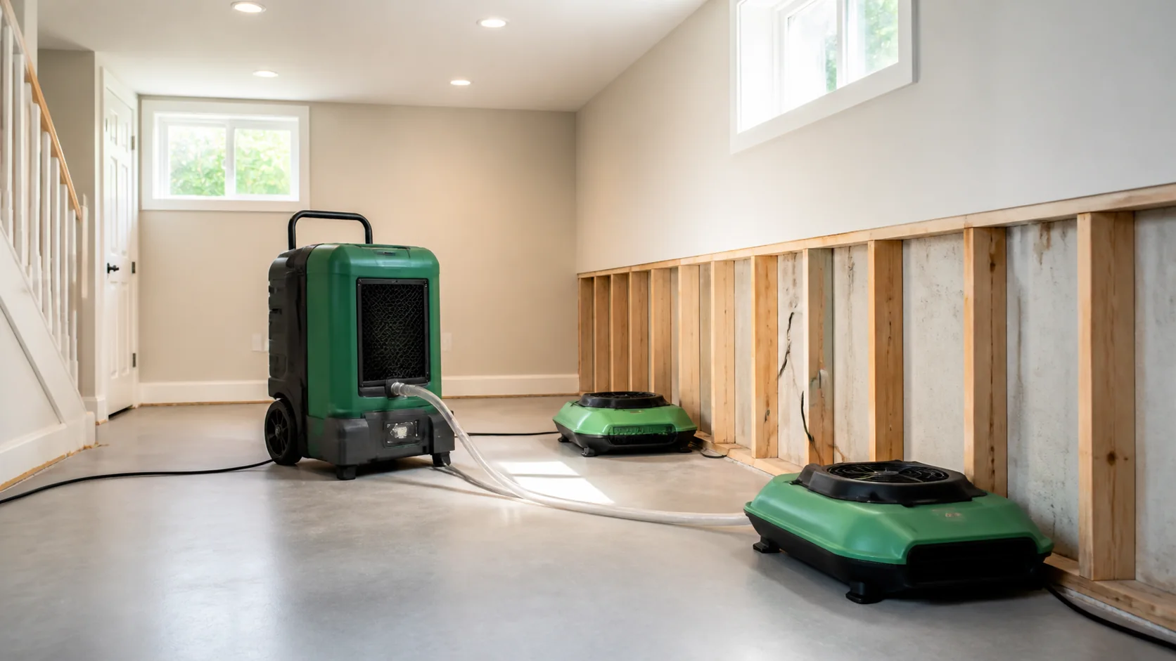 Air movers and a dehumidifier drying a clean basement