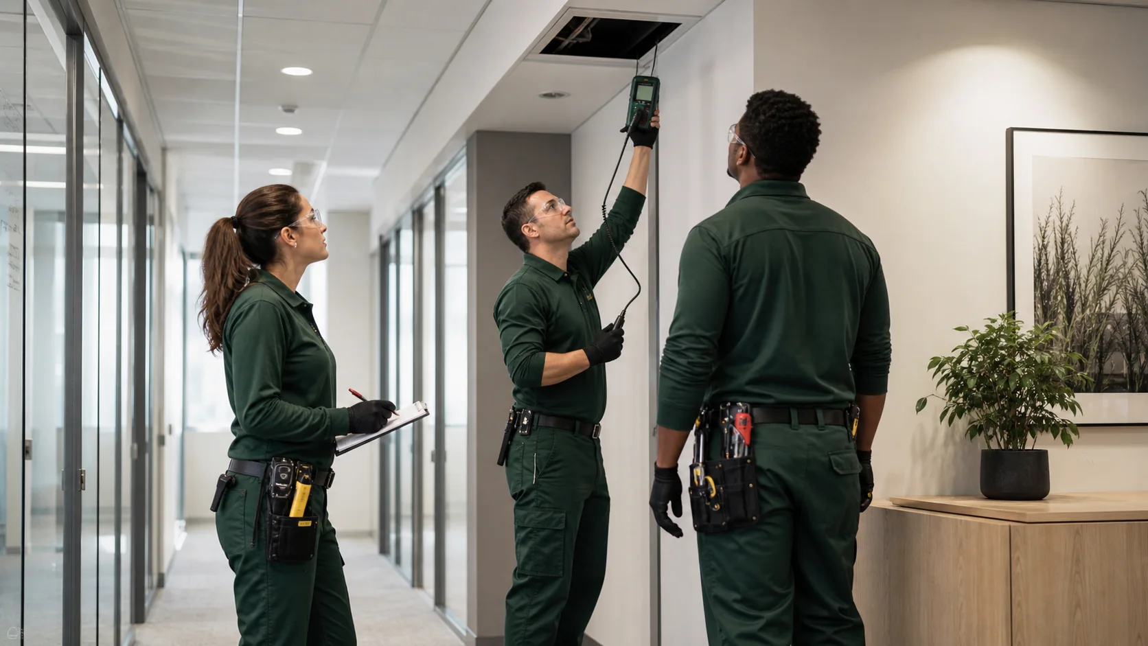 Professional remediation crew assessing a commercial property
