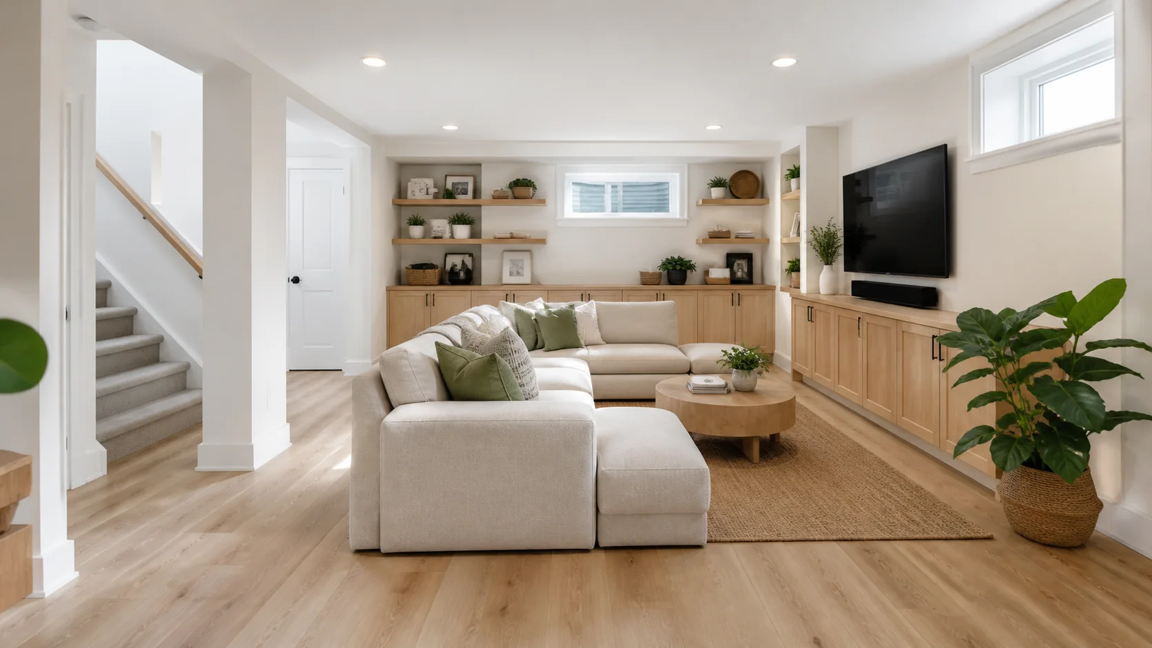 Bright dry basement after remediation and restoration